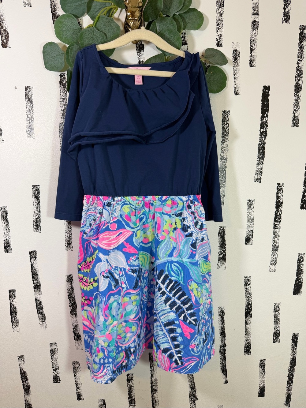 Lilly Pulitzer Girls Hazel 3/4 Sleeve Dress Navy Fantasy Garden Size Medium 6-7